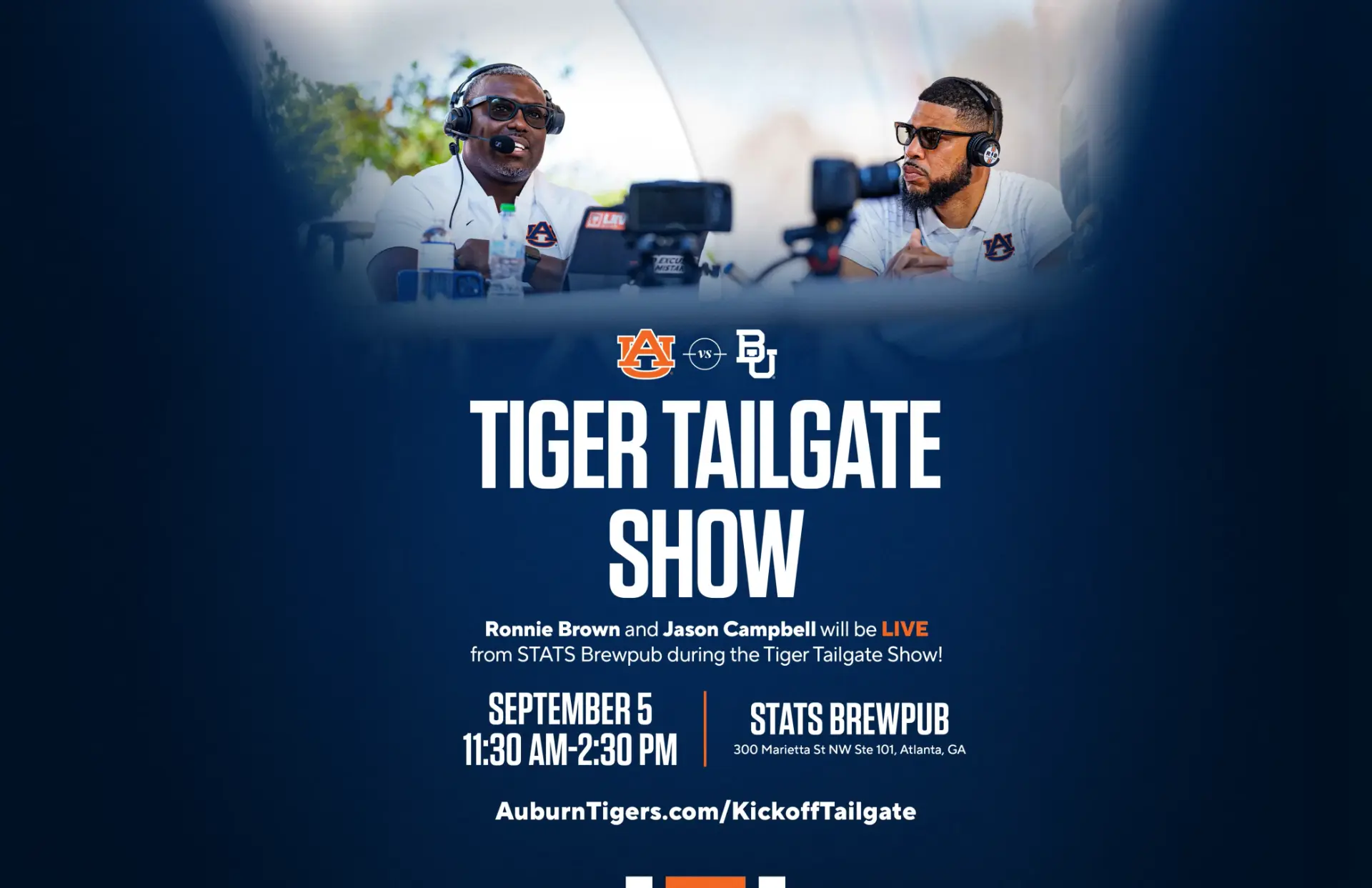 Tiger Tailgate Show — Ronnie Brown and Jason Campbell live from STATS Brewpub, September 5, 11:30 AM–2:30 PM, 300 Marietta St NW Ste 101, Atlanta, GA.